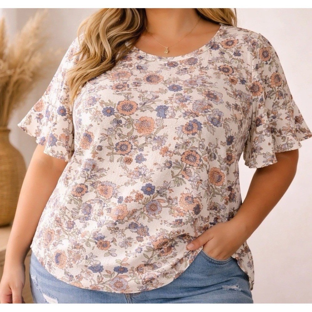 Madison + Hudson Floral Ruffle Sleeve Top Women 2X‎ Ivory NWT GK31621X